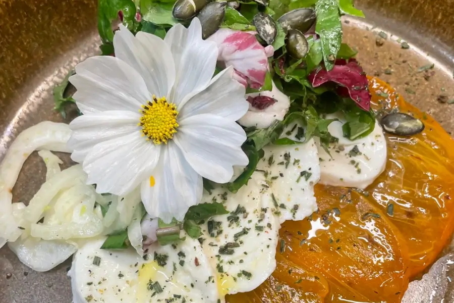 Wildkräuter-Salat mit einer großen weißen Blüte
